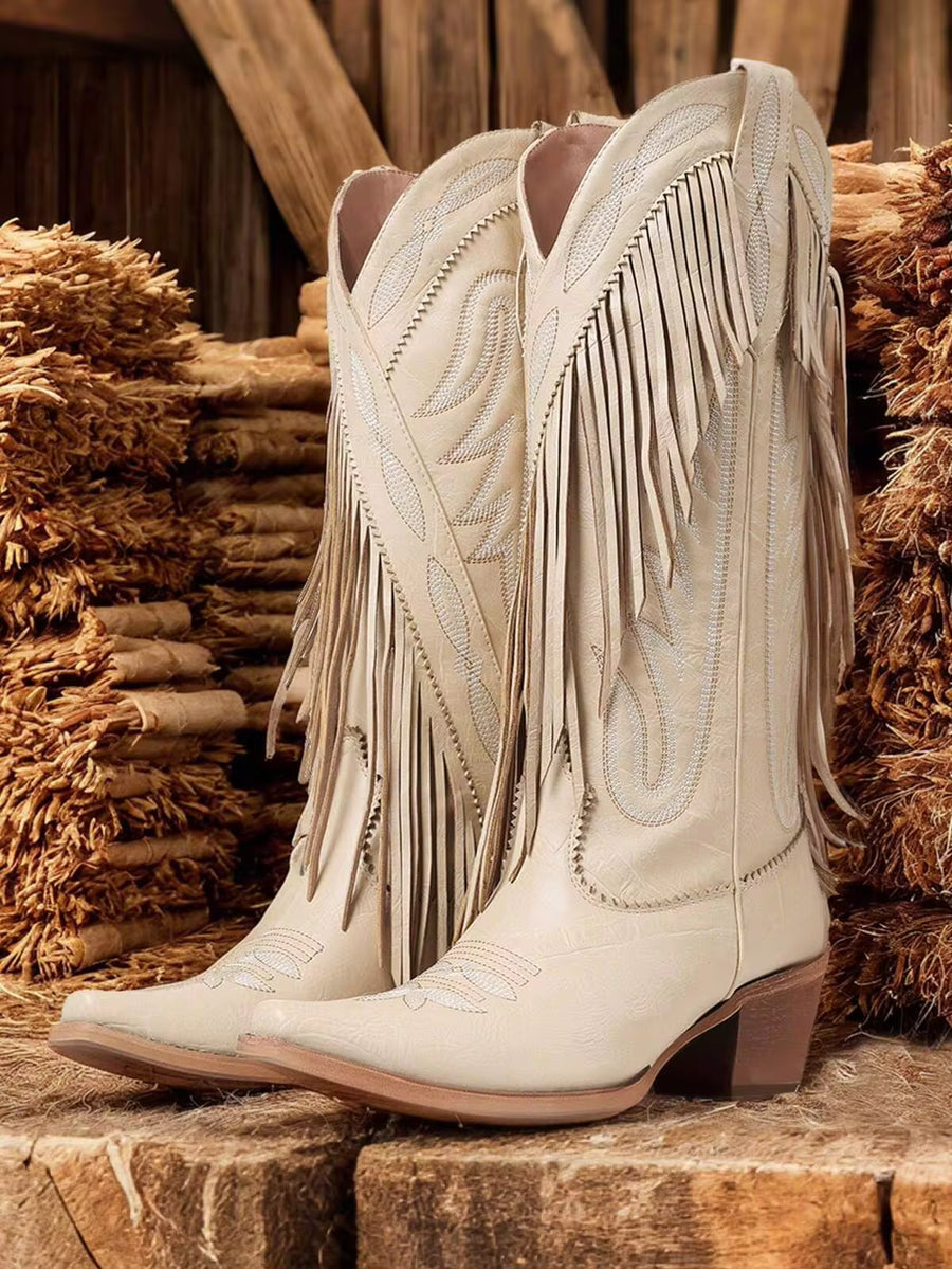 Cowboy Boots For Women Tassel Decoration Solid Color Pointed Toe Mid-Calf Heel Boots Comfortable Fashion Chunky Western Boots