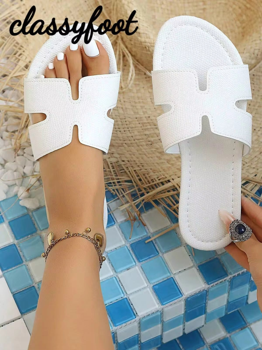 1 Pair Women's Hollow H-Type Orange Faux Leather Flat Sandals, Simple & Fashionable, Lightweight & Breathable, Suitable For Daily Casual, Vacation, Beach,Summer Shoes